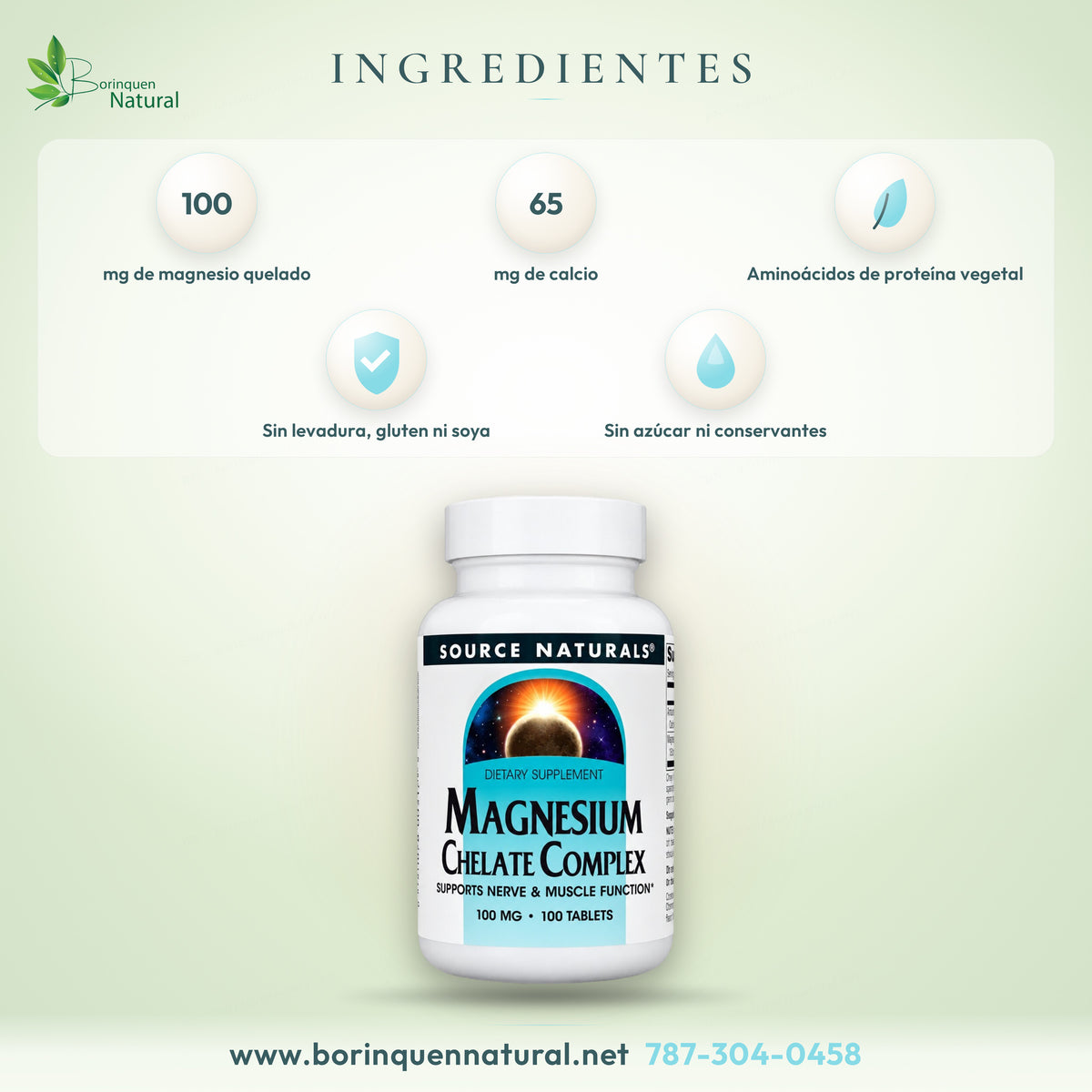 Ingredientes del magnesio quelado de Source Naturals: magnesio como complejo de aminoácidos y calcio