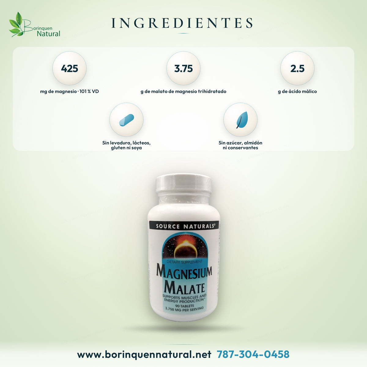 Ingredientes del malato de magnesio de Source Naturals: magnesio como malato de magnesio trihidratado y ácido málico