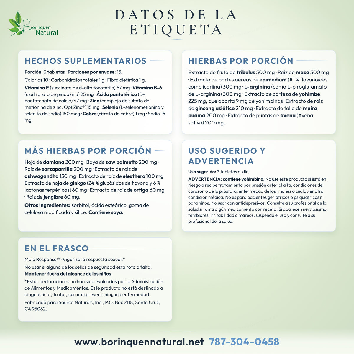 Datos de la etiqueta del Male Response de Source Naturals: hechos suplementarios, otros ingredientes, uso sugerido, advertencias y lo que dice el frasco
