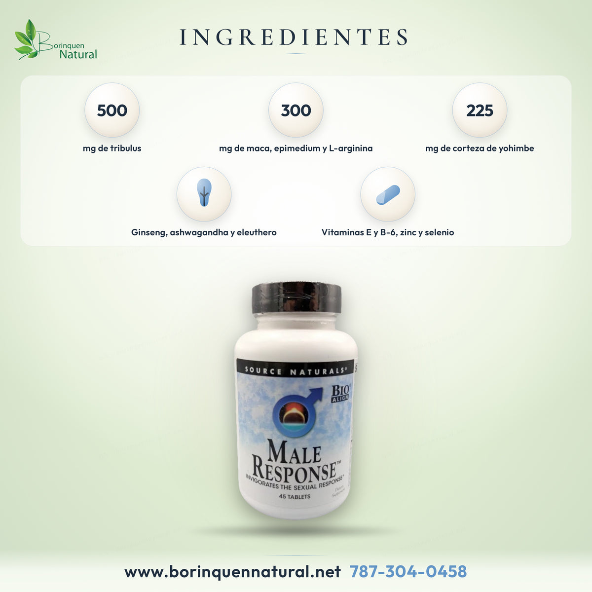 Ingredientes del Male Response de Source Naturals: tribulus, maca, epimedium, L-arginina, yohimbe, ginseng asiático, muira puama, avena, damiana y más