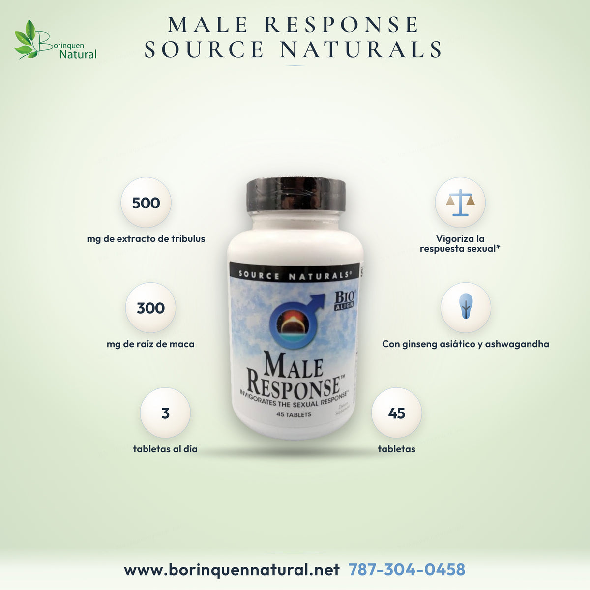 Male Response de Source Naturals, suplemento para hombres con tribulus, maca y yohimbe, frasco de 45 tabletas