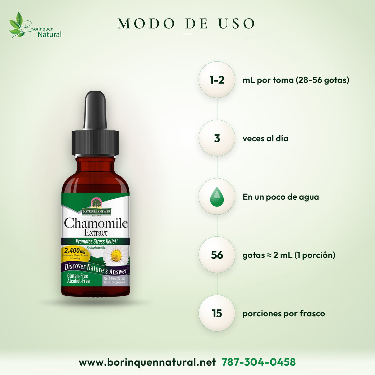 Modo de uso del extracto de manzanilla Nature's Answer: 1 a 2 mL (28 a 56 gotas) tres veces al día en un poco de agua