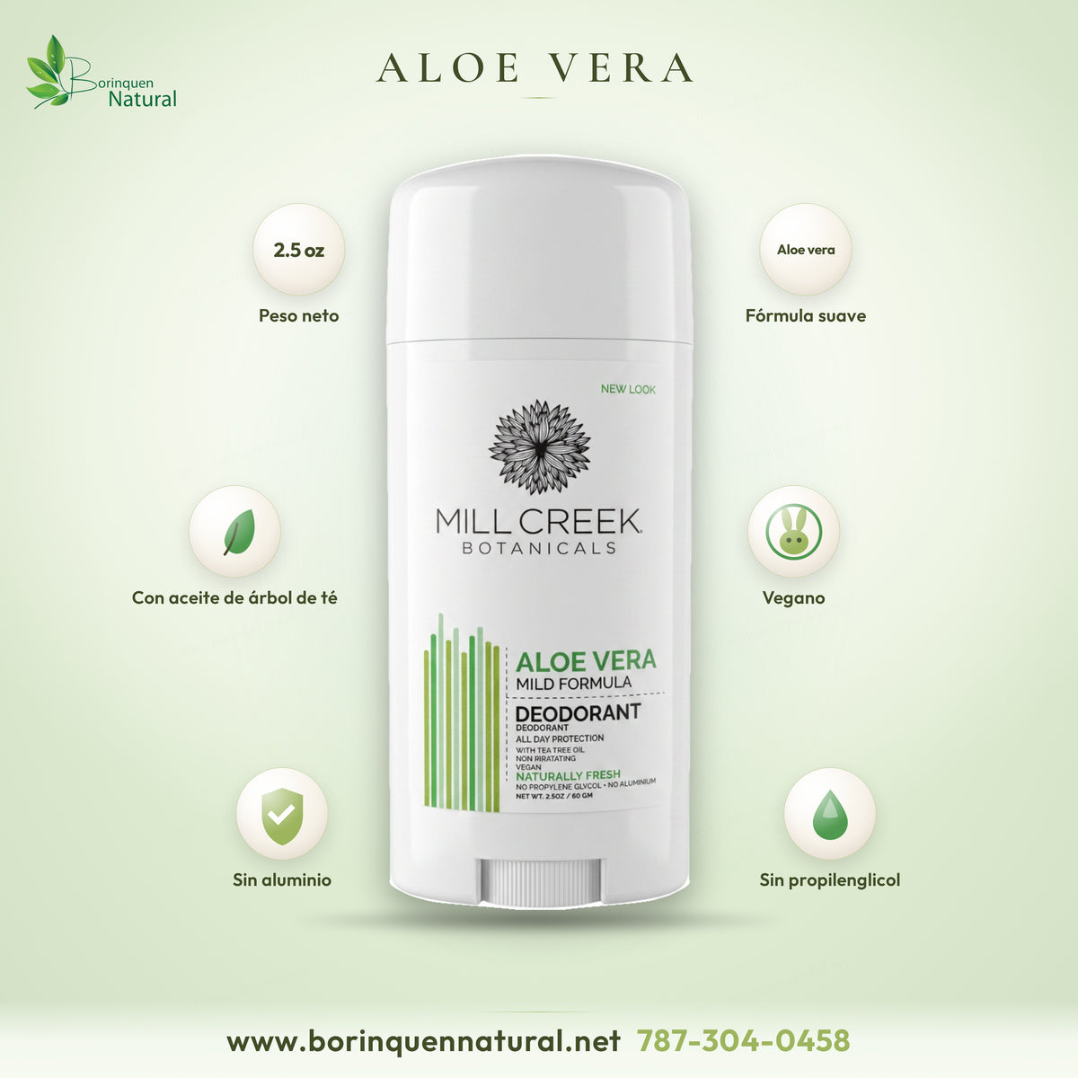 Desodorante en barra de aloe vera de Mill Creek Botanicals, fórmula suave con aceite de árbol de té, vegano y sin aluminio, 2.5 oz