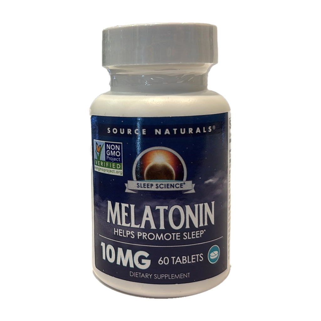 Melatonina 10 mg Source Naturals Sleep Science, 60 tabletas. Frasco real sobre blanco.