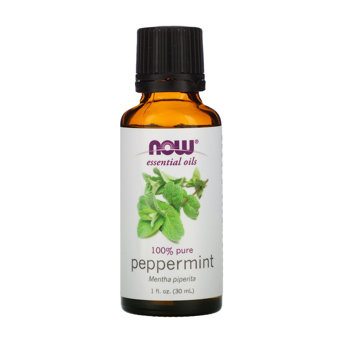 Aceite esencial de menta NOW Essential Oils 100 % puro, Mentha piperita, frasco de 1 fl oz (30 mL), frente