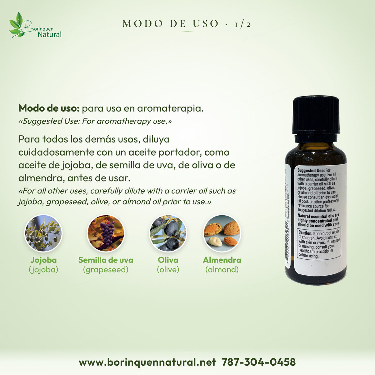 Modo de uso de la menta NOW: aromaterapia; para otros usos, diluir con aceite de jojoba, semilla de uva, oliva o almendra