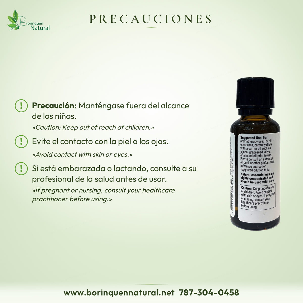 Precauciones de la menta NOW: mantener fuera del alcance de los niños, evitar piel y ojos; embarazo o lactancia, consultar