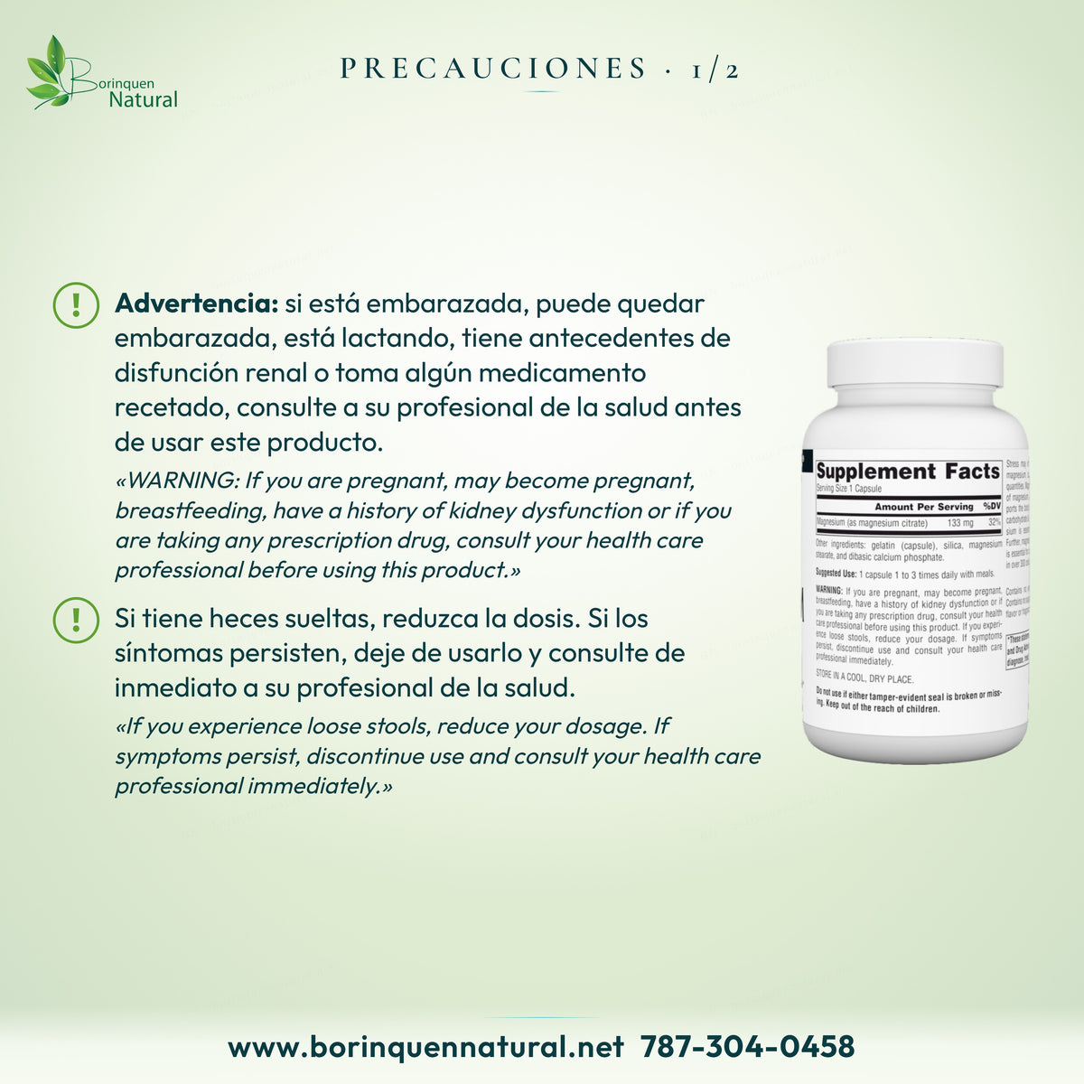 Precauciones del Magnesio Citrato Source Naturals: consulte antes de usar si está embarazada, lactando o toma medicamentos