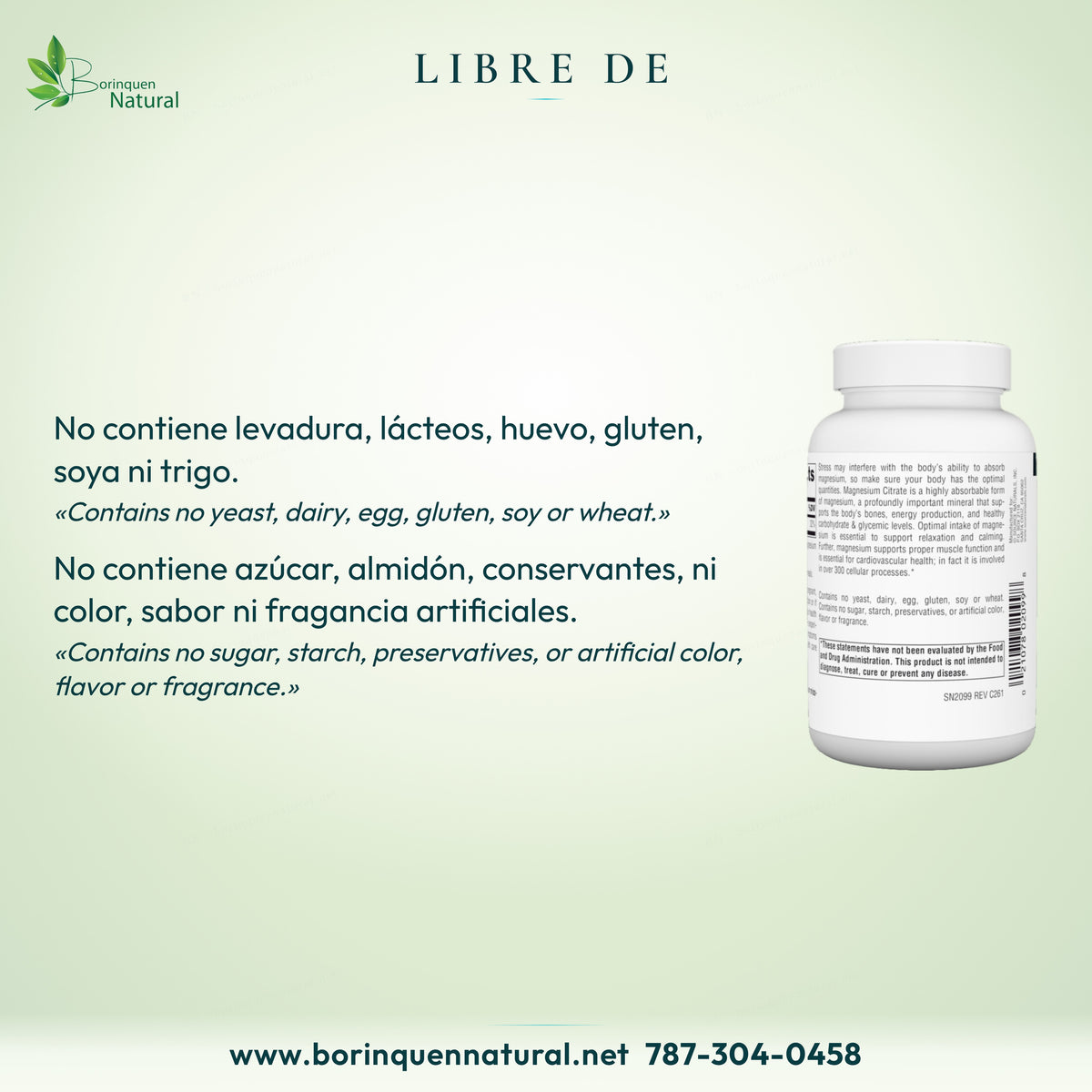 Magnesio Citrato Source Naturals sin levadura, lácteos, huevo, gluten, soya, trigo, azúcar, almidón ni conservantes