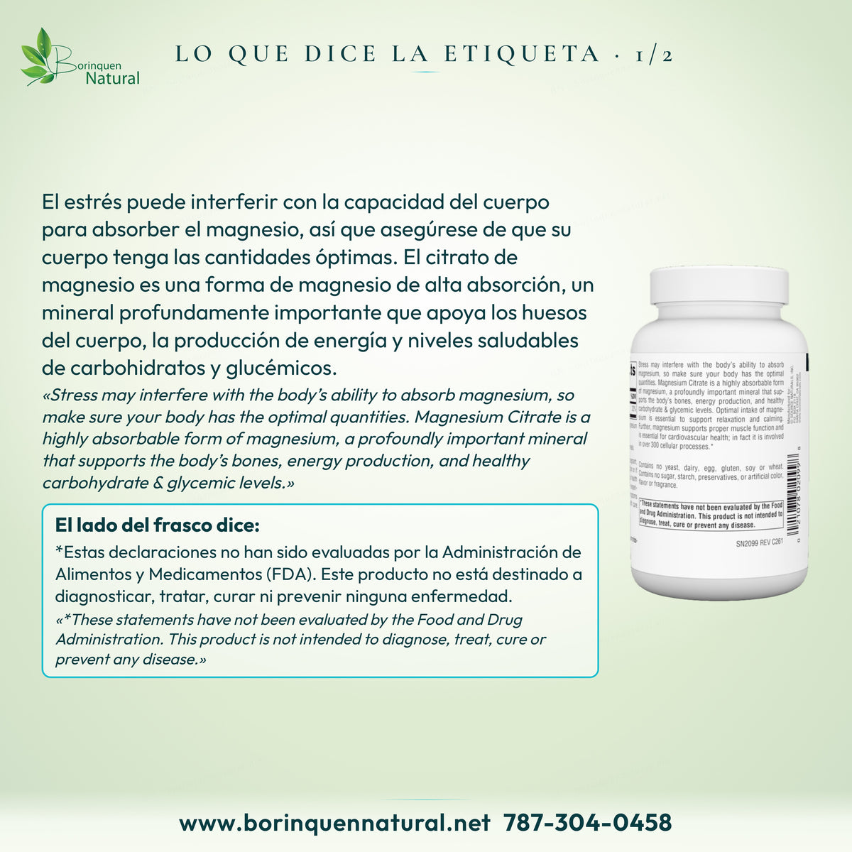 Lo que dice la etiqueta del Magnesio Citrato Source Naturals: magnesio de alta absorción que apoya los huesos y la energía