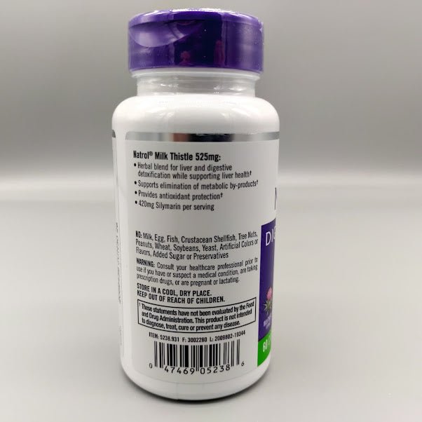 Natrol Cardo Mariano 525 mg 60 cápsulas vegetarianas para hígado y digestión — vista posterior del envase