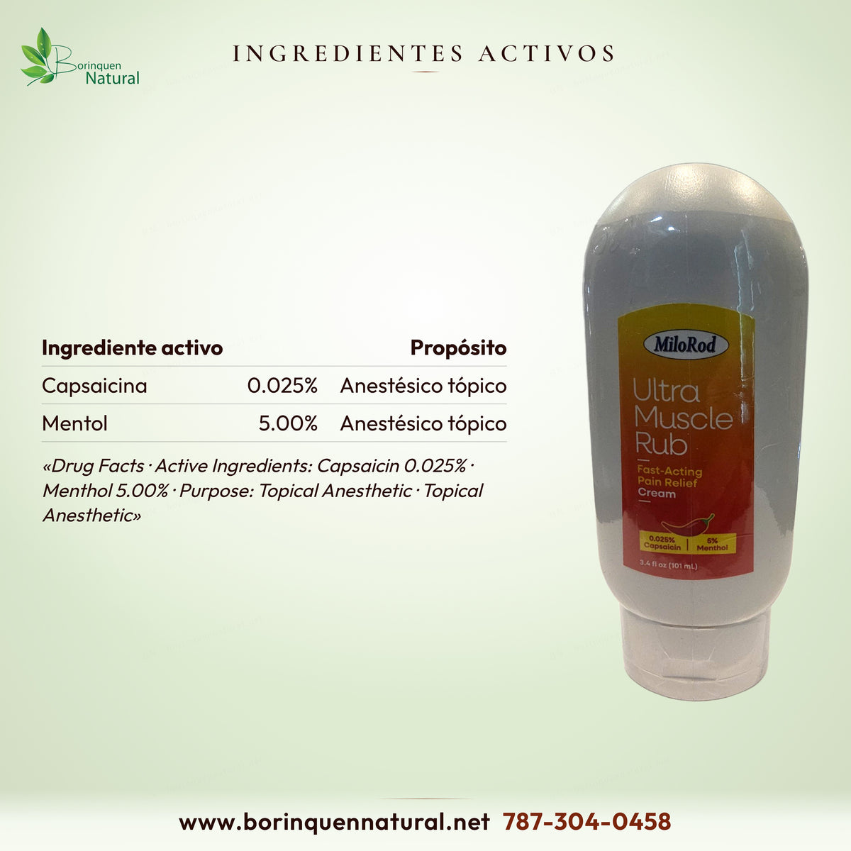 Ingredientes activos de Ultra Muscle Rub MiloRod: capsaicina 0.025% y mentol 5.00%, los dos anestésicos tópicos
