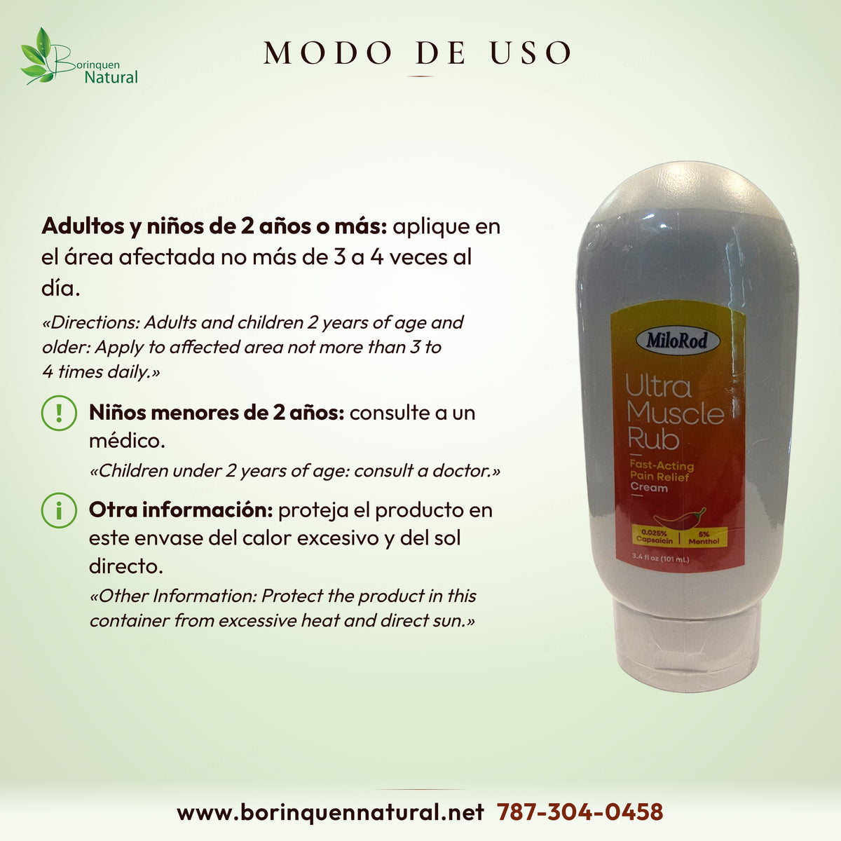 Modo de uso de Ultra Muscle Rub MiloRod: adultos y niños de 2 años o más, no más de 3 a 4 veces al día