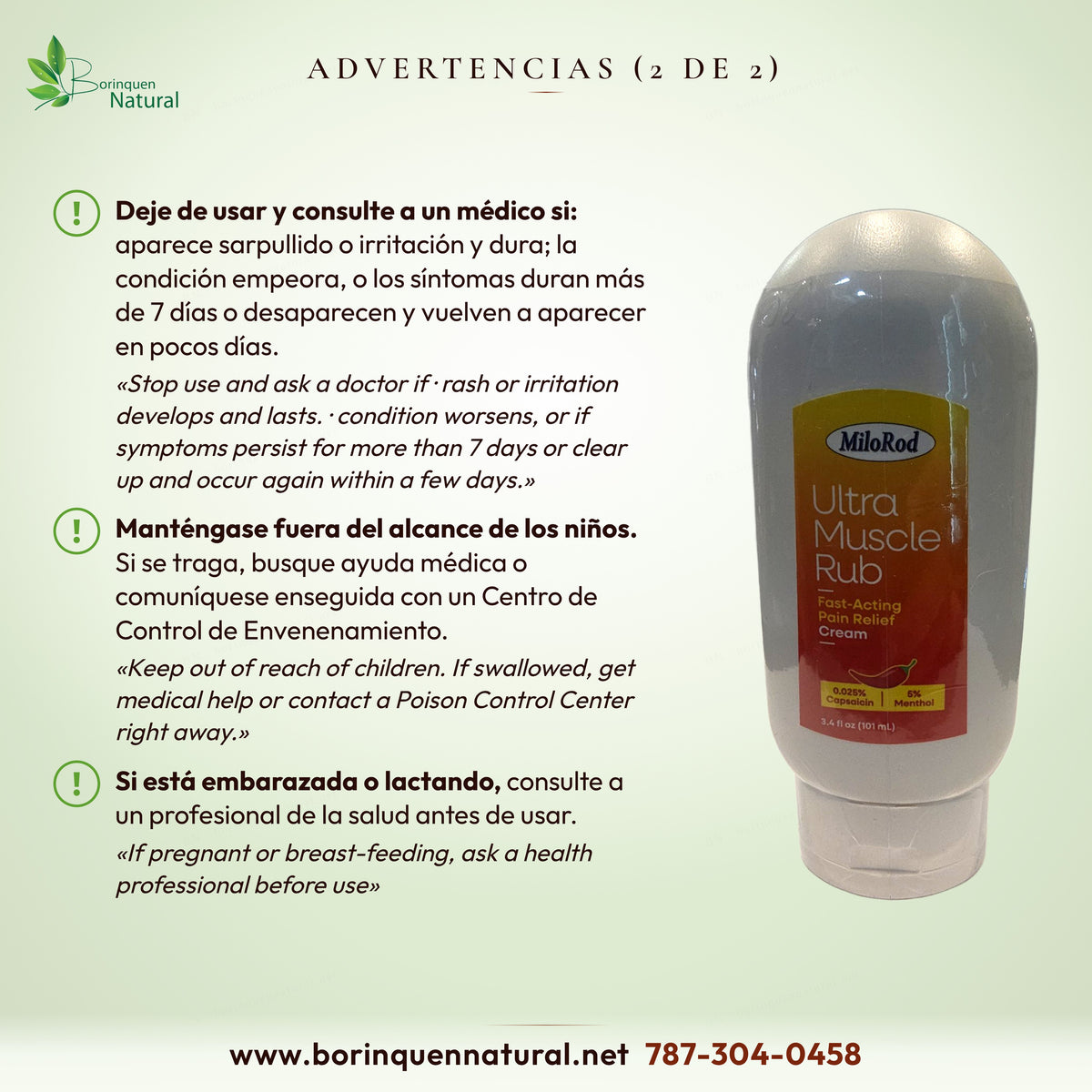 Advertencias de Ultra Muscle Rub MiloRod: cuándo dejar de usar, fuera del alcance de los niños, embarazo y lactancia