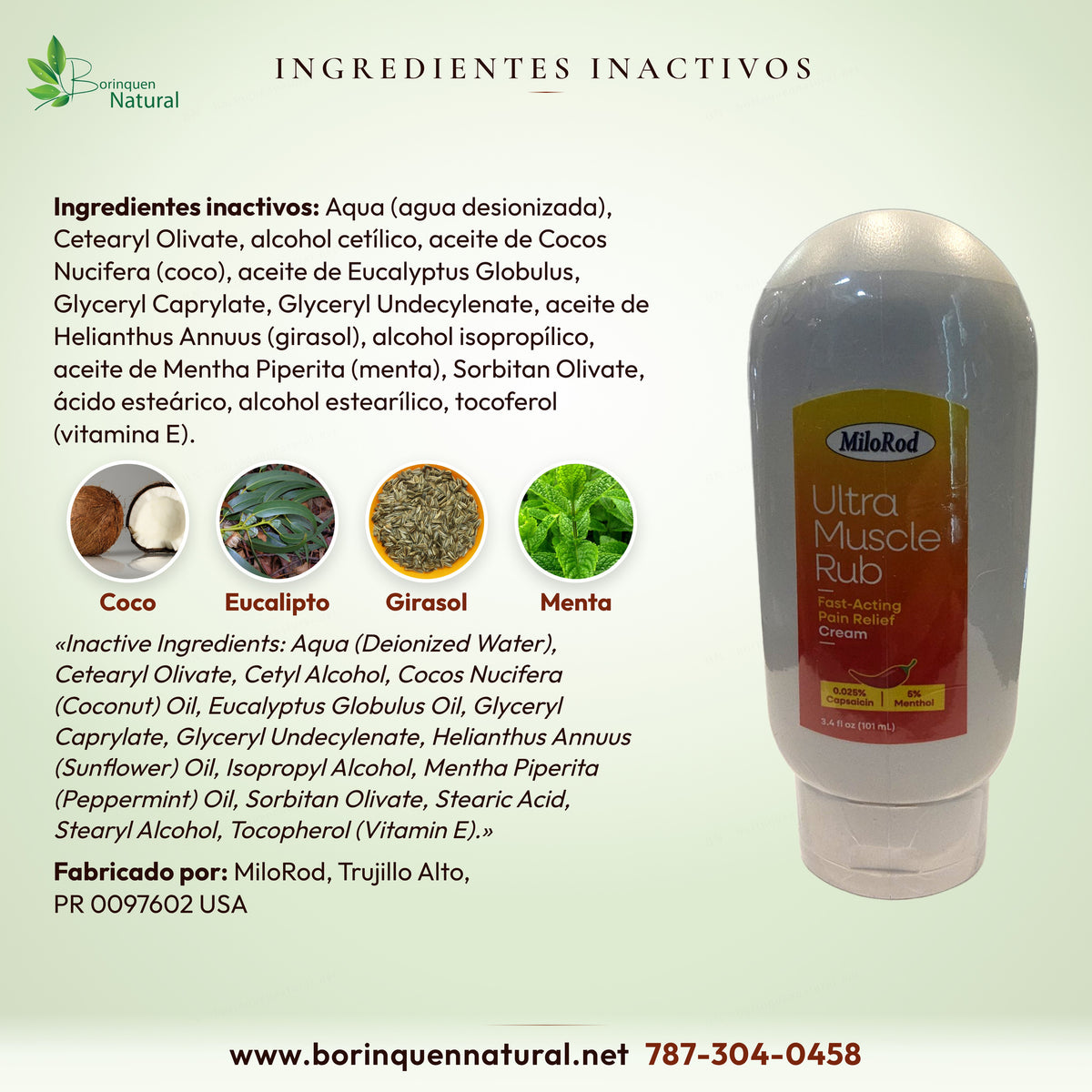 Ingredientes inactivos de Ultra Muscle Rub MiloRod: aceites de coco, eucalipto, girasol y menta, y otros