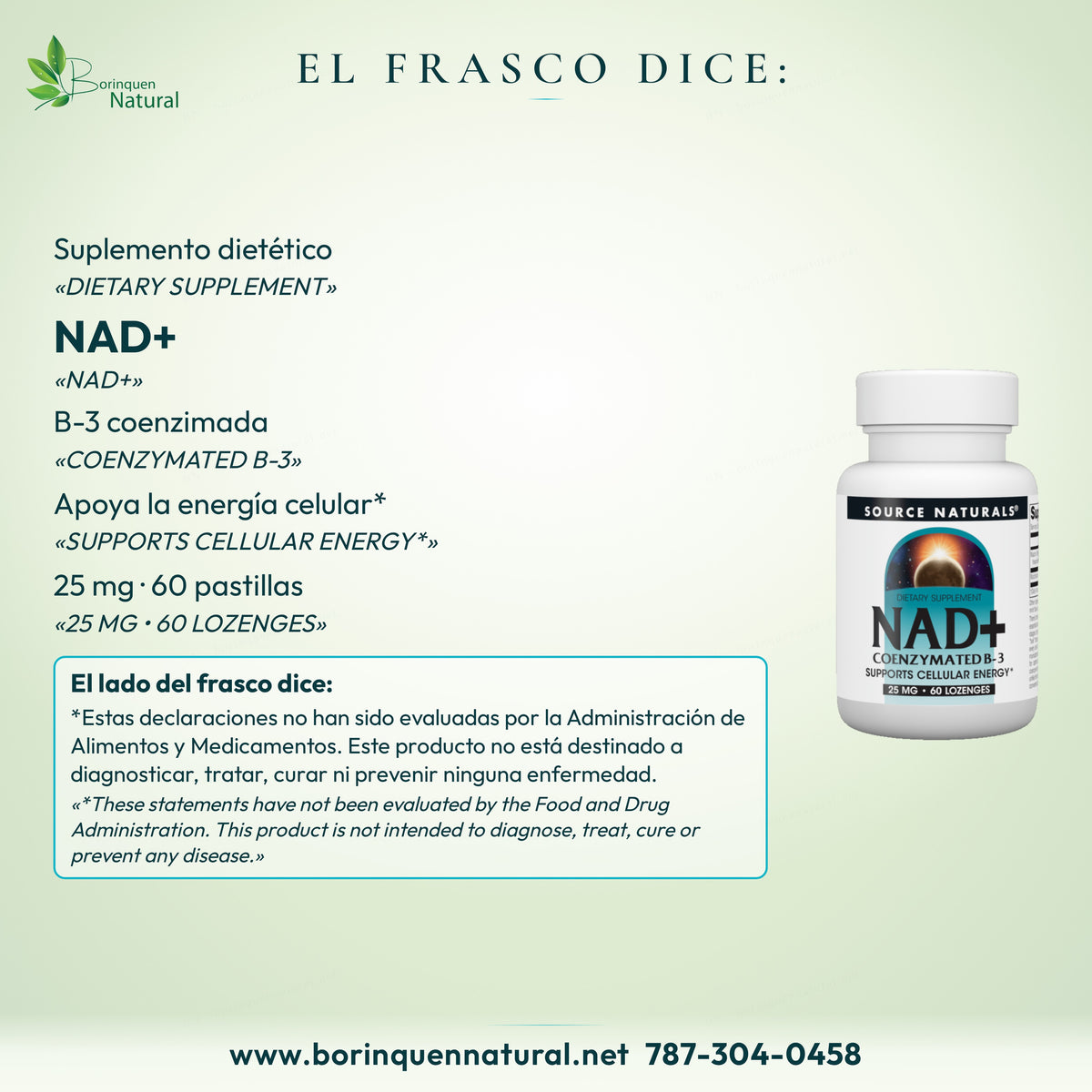 El frasco de NAD+ Source Naturals dice: suplemento dietético, B-3 coenzimada, apoya la energía celular, 25 mg, 60 pastillas