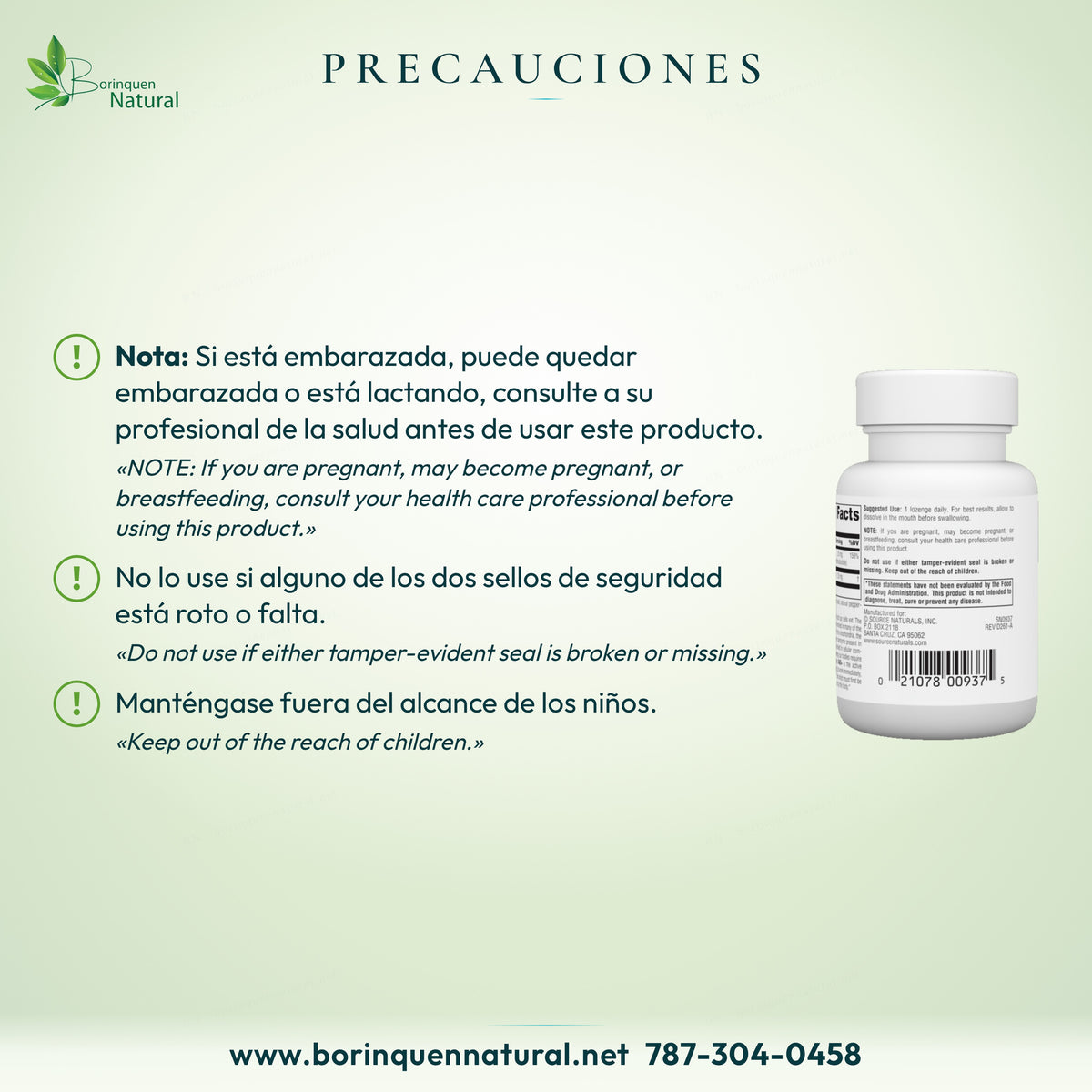 Precauciones del NAD+ Source Naturals: embarazo o lactancia, consulte; no usar con sello roto; fuera del alcance de niños