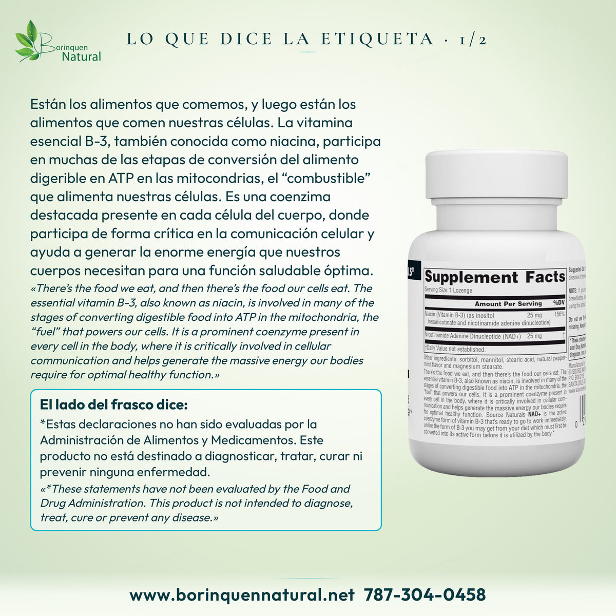Lo que dice la etiqueta del NAD+ Source Naturals 1/2: la vitamina B-3 o niacina y la energía de las células