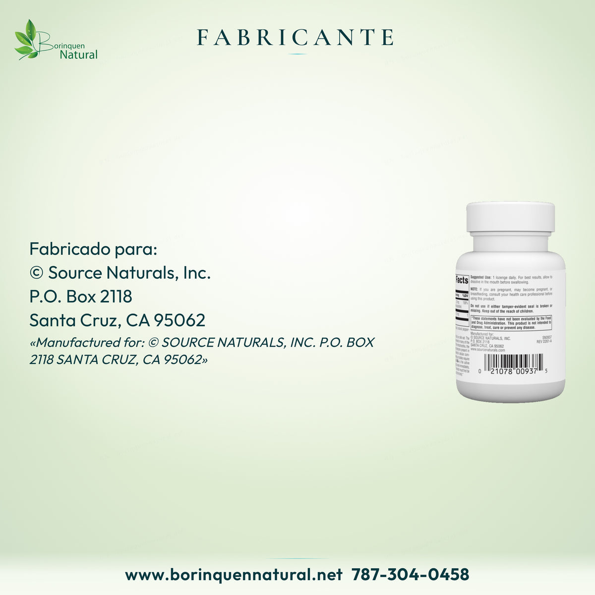Fabricante del NAD+: Source Naturals, Inc., P.O. Box 2118, Santa Cruz, CA 95062
