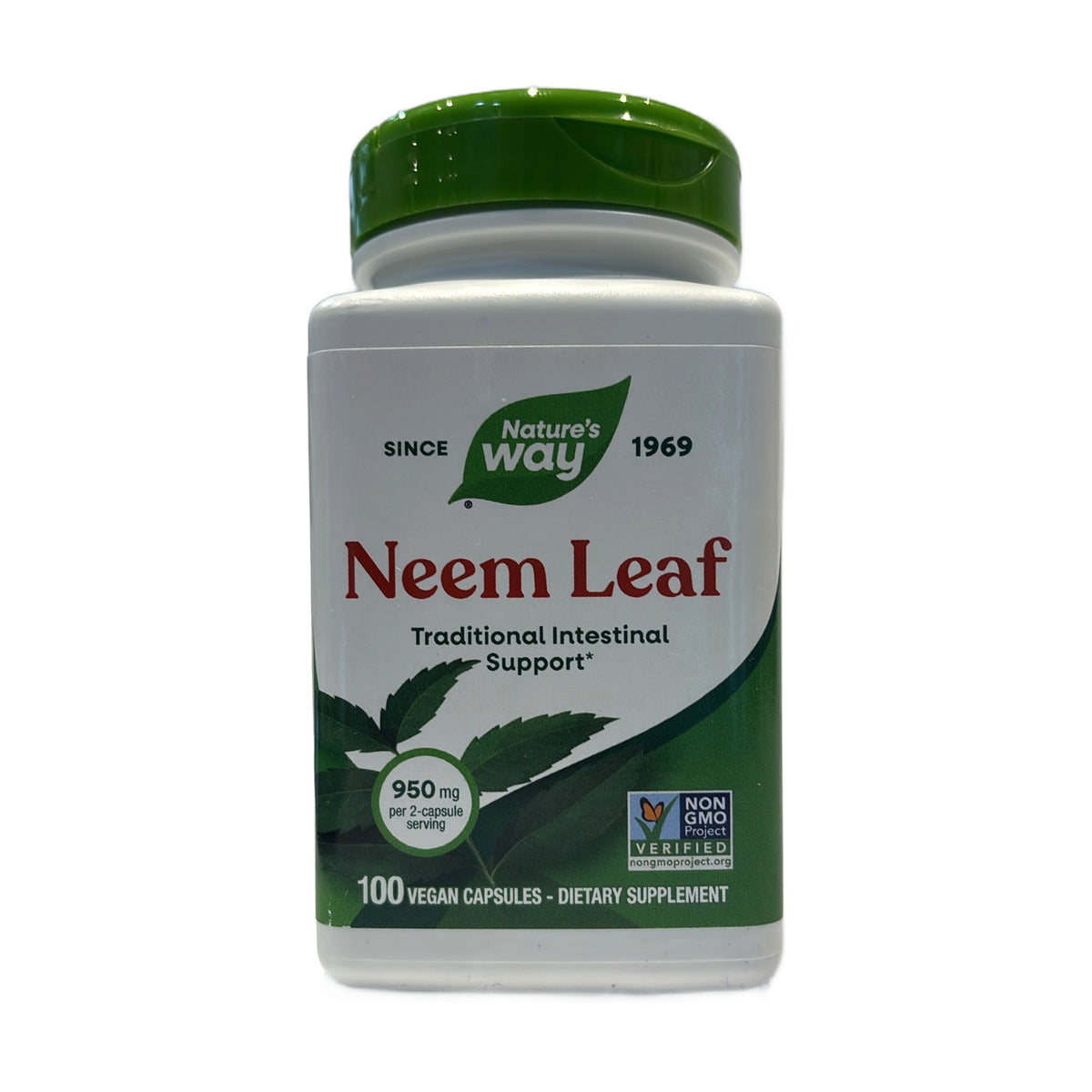 Frasco de Hoja de Neem Nature's Way, Neem Leaf 950 mg por porción de 2 cápsulas, 100 cápsulas veganas