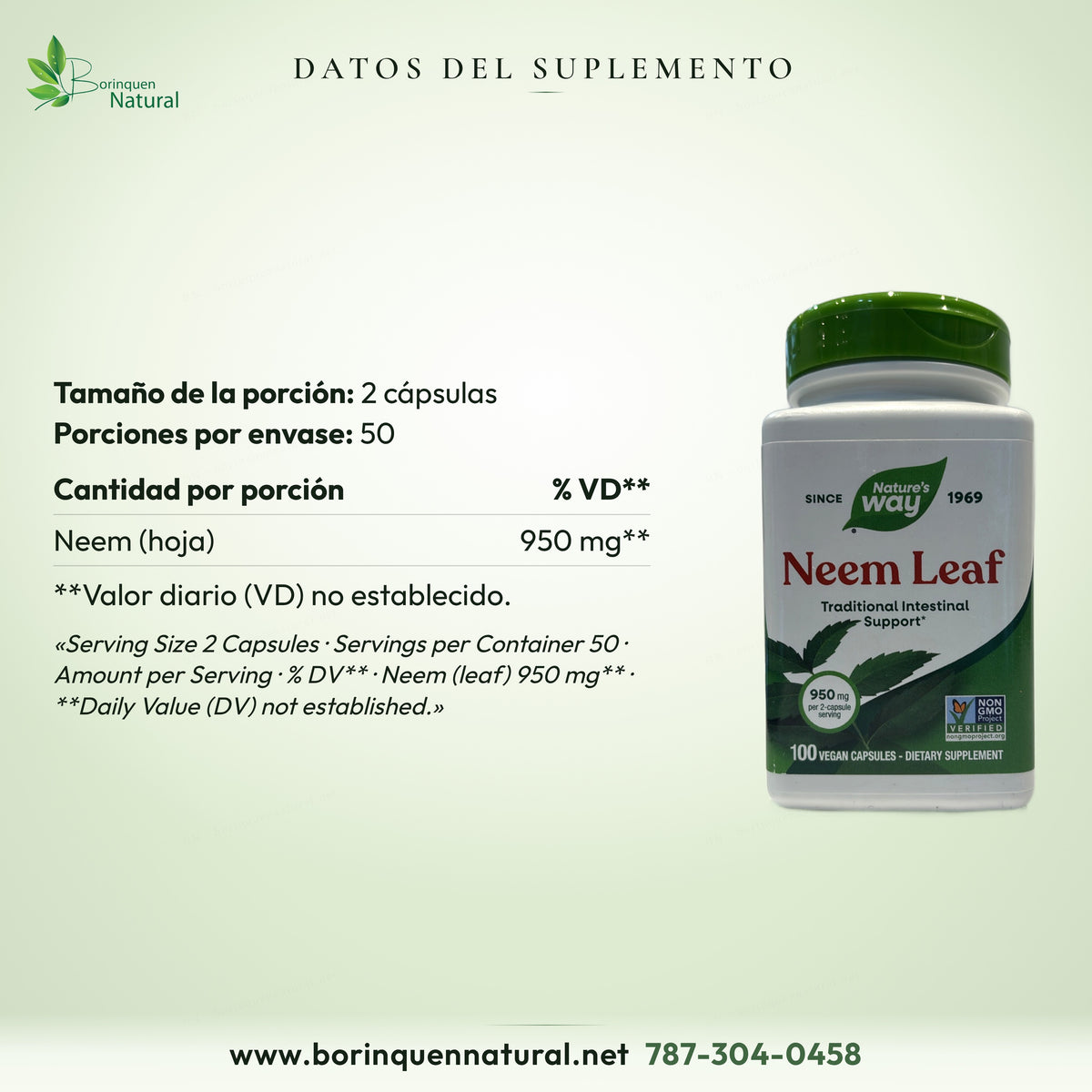 Datos del suplemento de Neem Leaf Nature's Way: porción de 2 cápsulas, 50 porciones, Neem (hoja) 950 mg