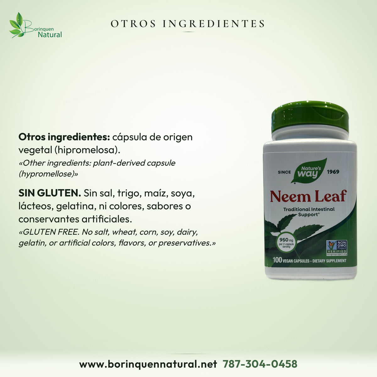 Otros ingredientes de Neem Leaf: cápsula de origen vegetal (hipromelosa); sin gluten, sal, trigo, maíz, soya y otros