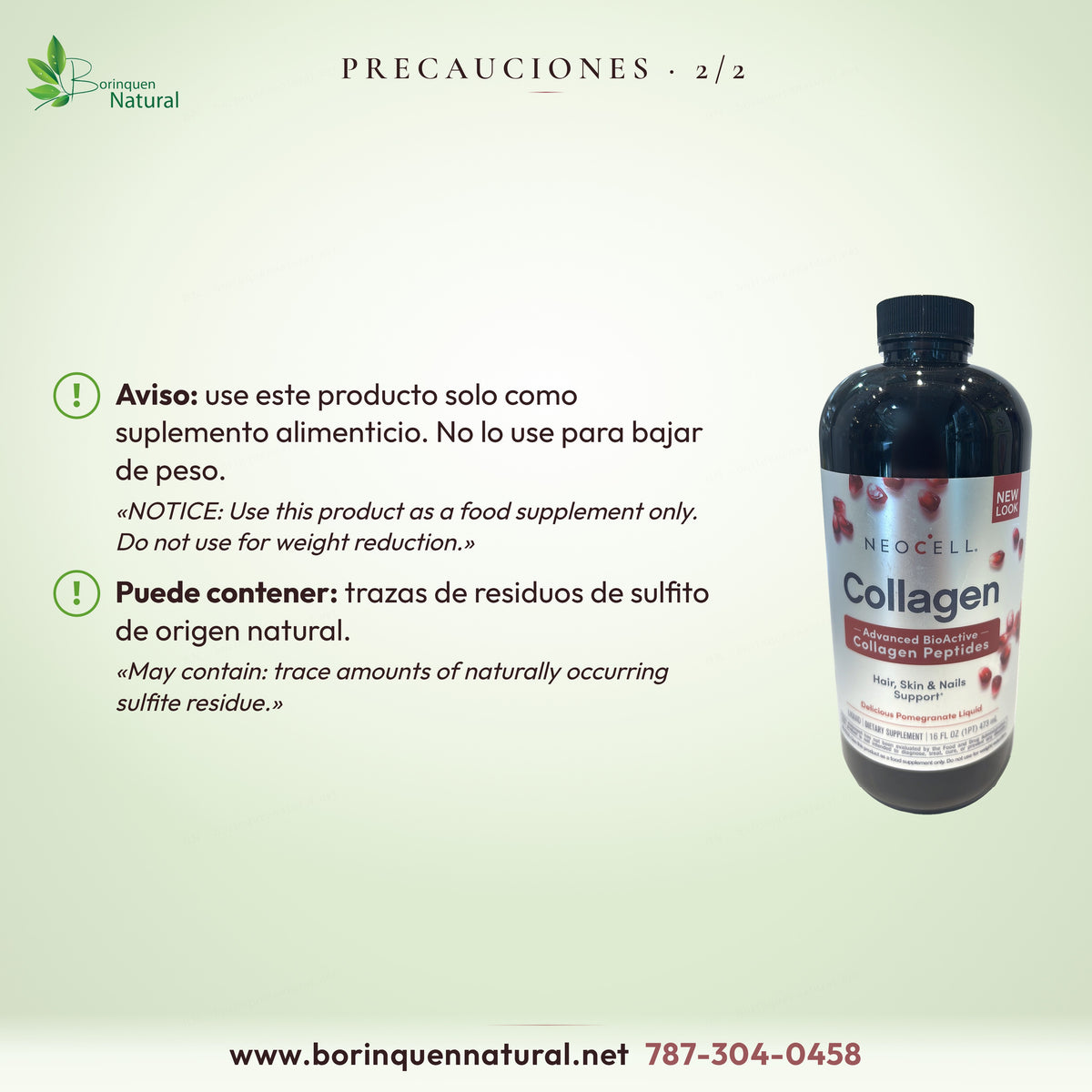 Avisos del colágeno NeoCell granada: solo como suplemento alimenticio, no para bajar de peso; puede contener sulfito