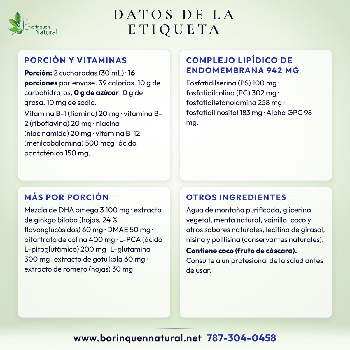 Datos de suplemento del Neuro Nectar de Buried Treasure: porción, vitaminas, complejo lipídico, extractos y otros ingredientes