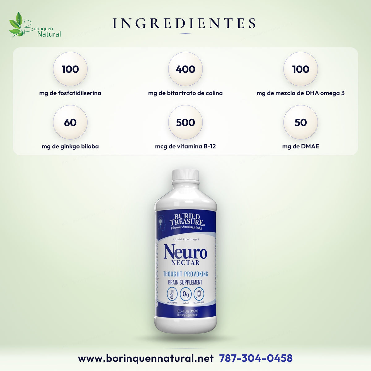 Ingredientes del Neuro Nectar por porción de 2 cucharadas: fosfatidilserina, colina, DHA, ginkgo biloba, DMAE, vitaminas B y extractos de gotu kola y romero