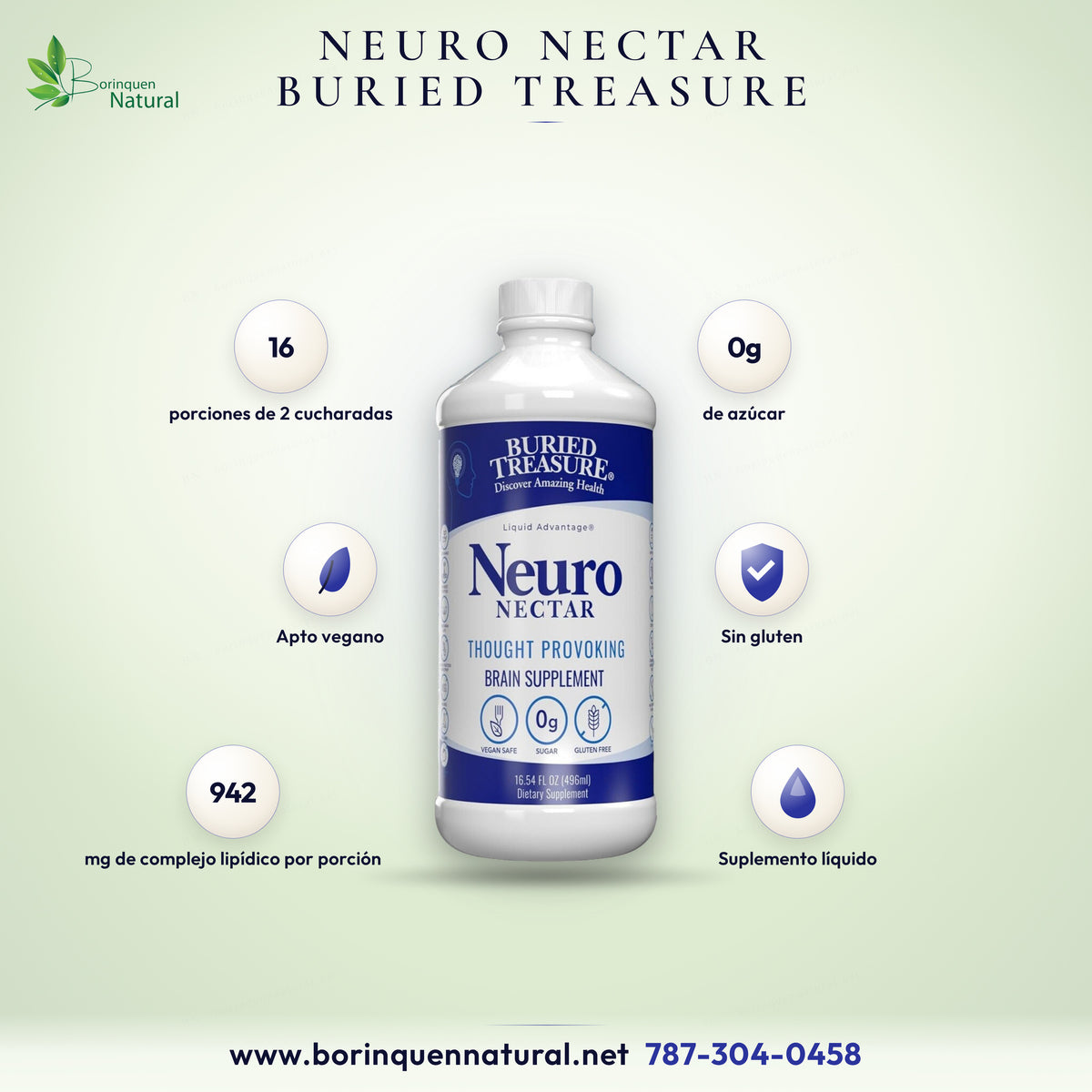 Neuro Nectar de Buried Treasure, suplemento líquido para el cerebro, botella de 16.54 fl oz (496 ml)