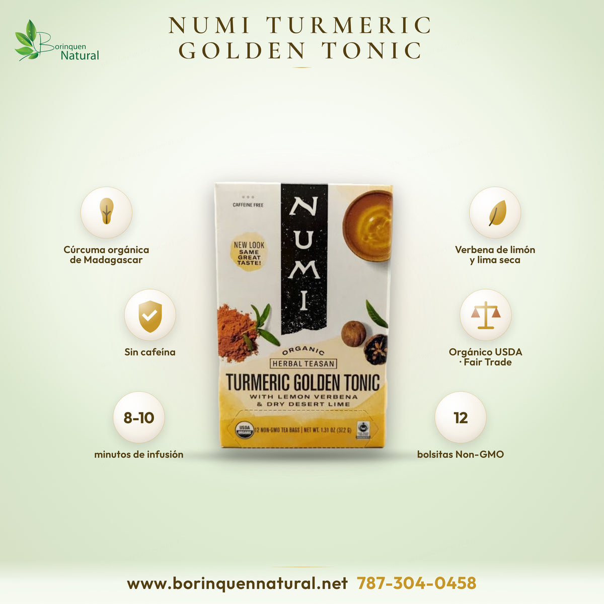 Numi Turmeric Golden Tonic organic herbal tea, turmeric with lemon verbena and dried lime, caffeine free, 12 tea bags