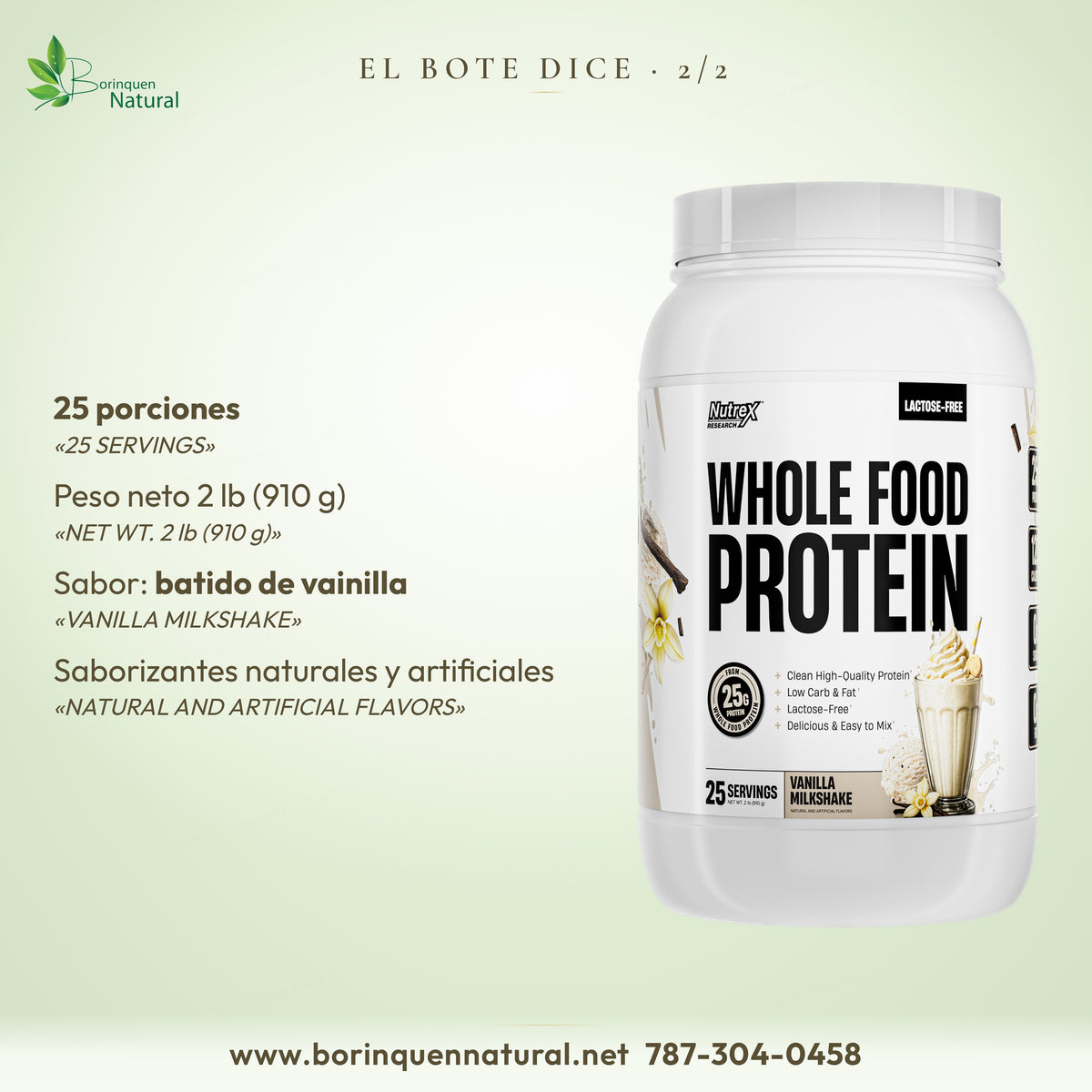 Whole Food Protein de Nutrex: 25 porciones, peso neto 2 lb (910 g), sabor batido de vainilla