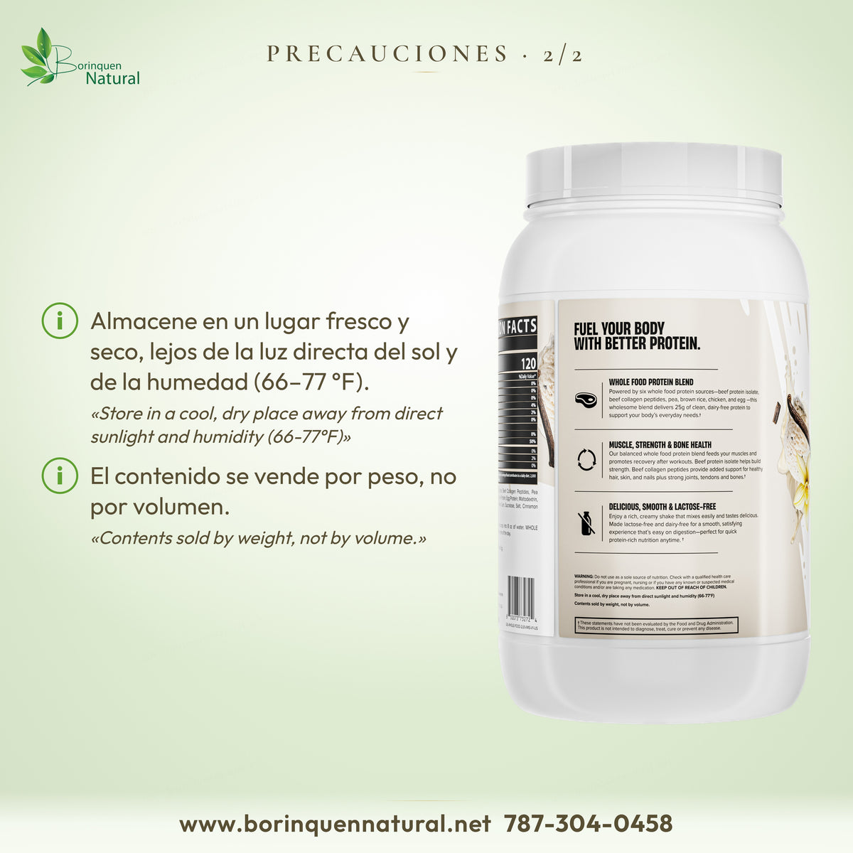 Cómo guardar Whole Food Protein de Nutrex: lugar fresco y seco, 66–77 °F; se vende por peso, no por volumen