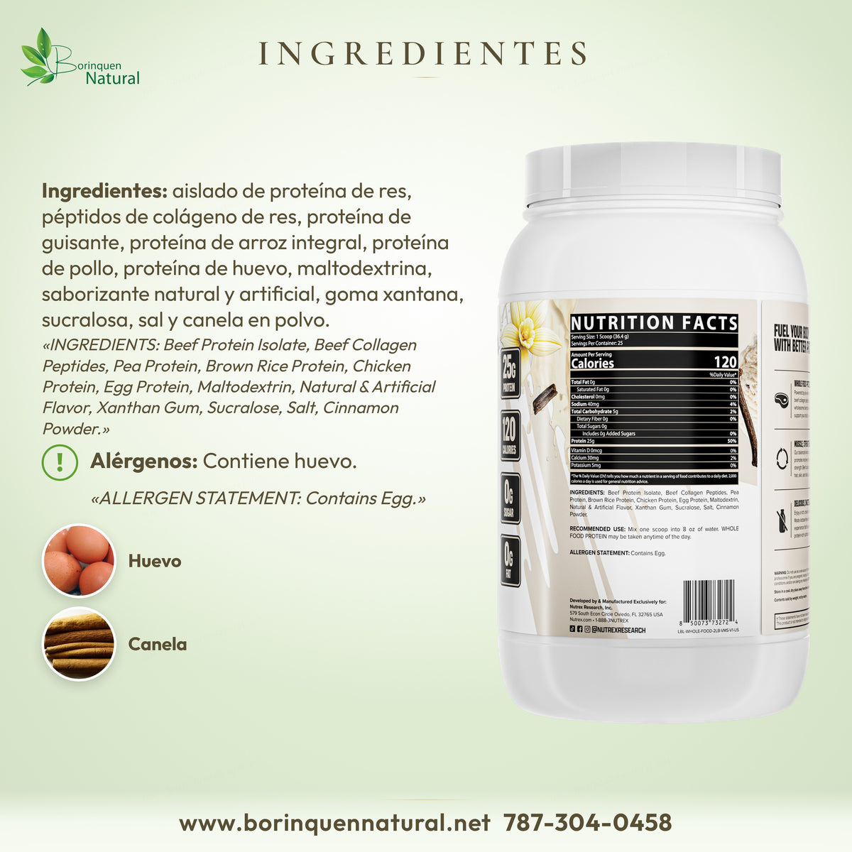 Ingredientes de Whole Food Protein de Nutrex: proteína de res, colágeno de res, guisante, arroz, pollo, huevo y otros