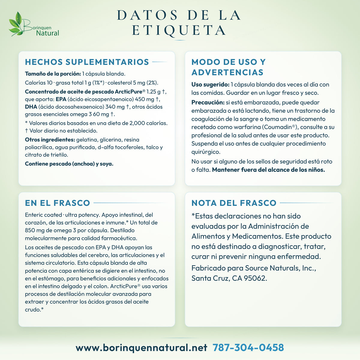 ArcticPure Omega-3 label facts: supplement facts, directions, warnings and FDA note