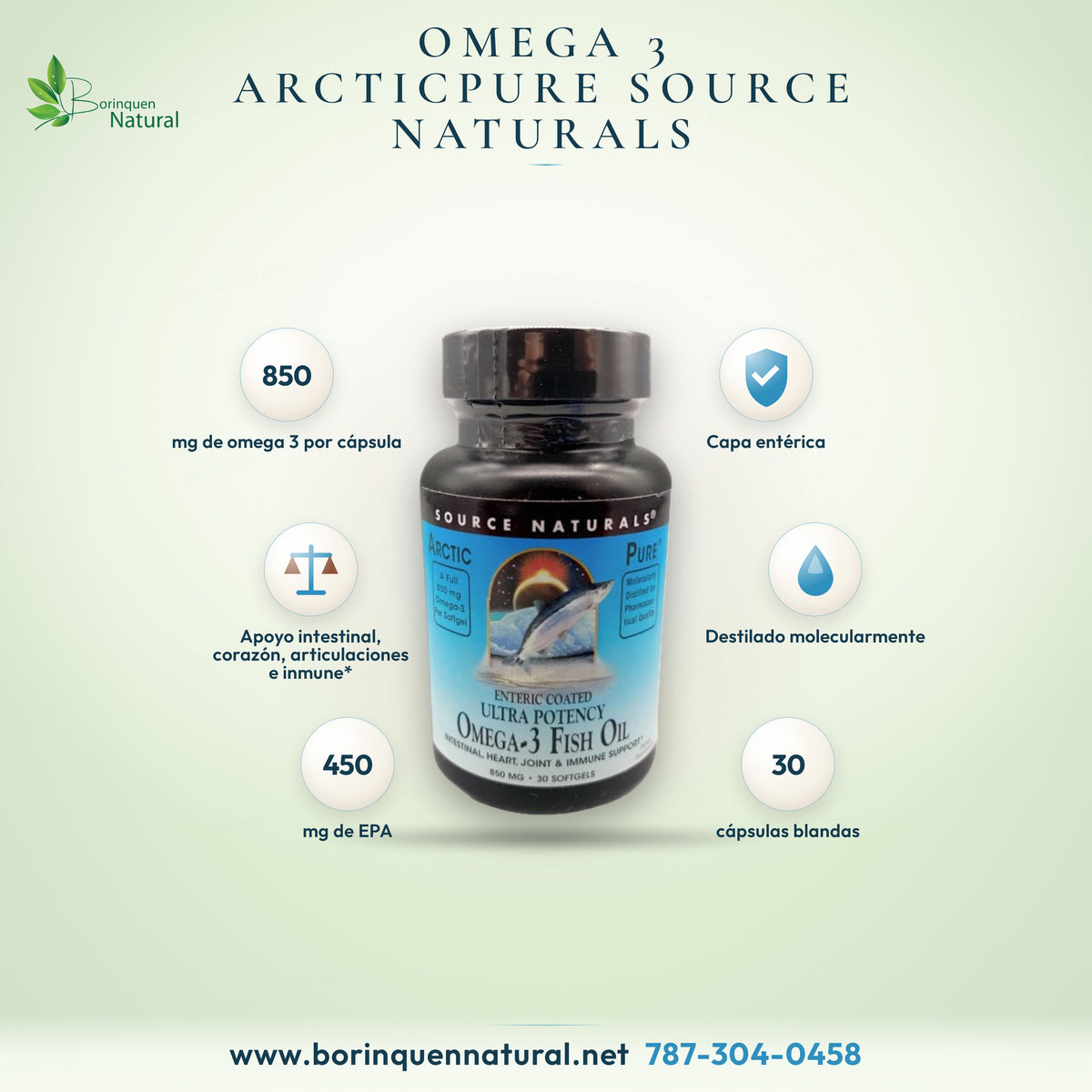Source Naturals ArcticPure Omega-3 graphic: 850 mg omega-3, 450 mg EPA, enteric coating, 30 softgels