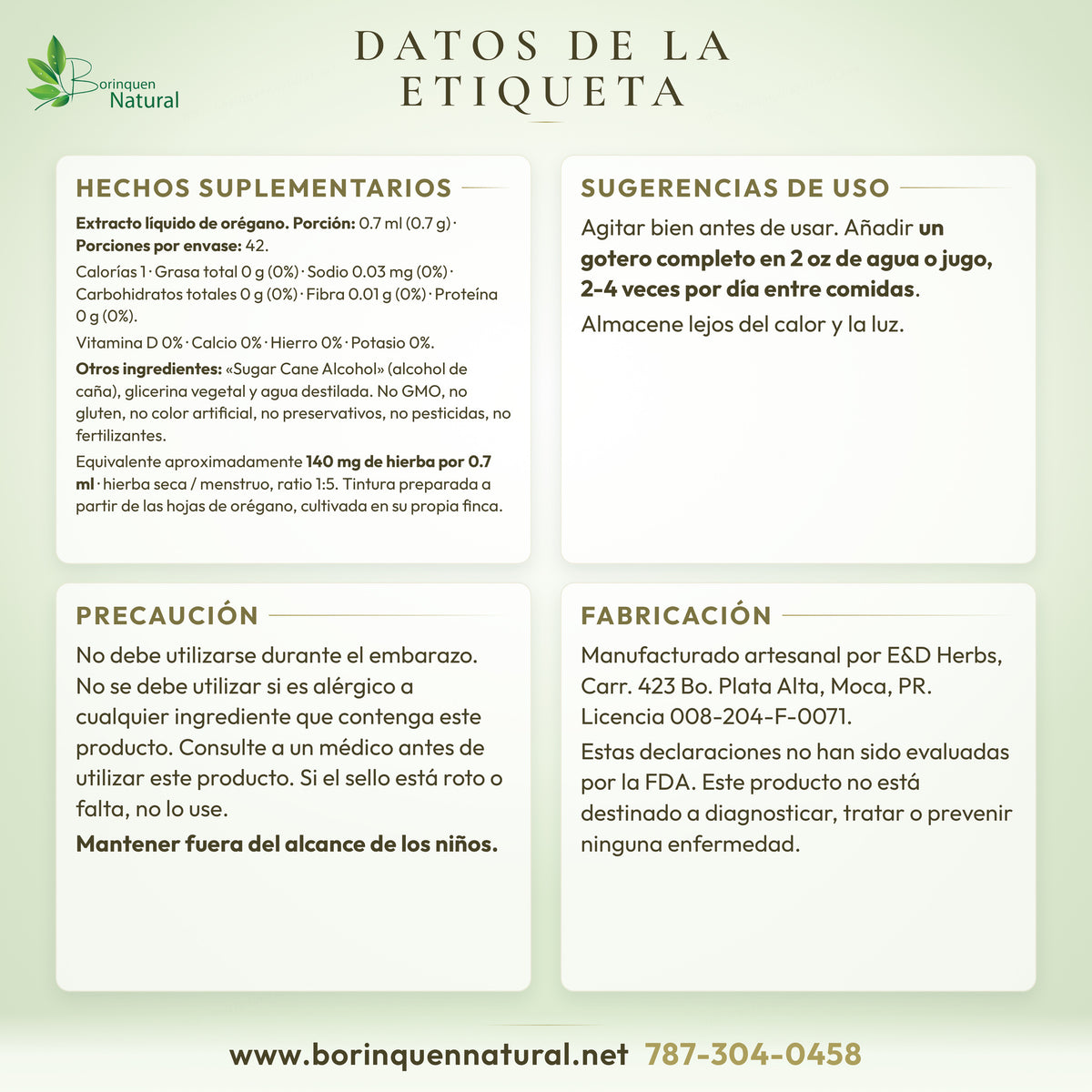 Datos de la etiqueta del extracto de orégano de E&D Herbs: hechos suplementarios, otros ingredientes, sugerencias de uso, precauciones y descargo de la FDA