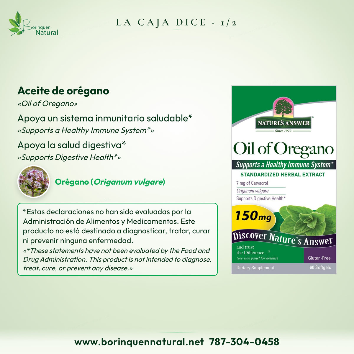 La caja del Aceite de Orégano Nature's Answer dice: apoya un sistema inmunitario saludable y la salud digestiva
