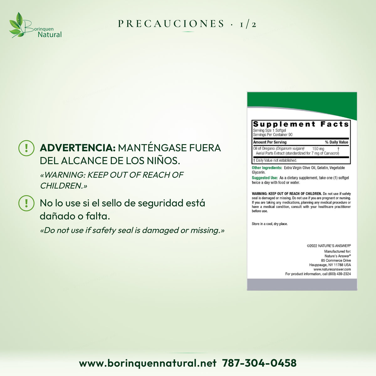 Precauciones del Aceite de Orégano Nature's Answer: fuera del alcance de los niños; no usar si el sello falta