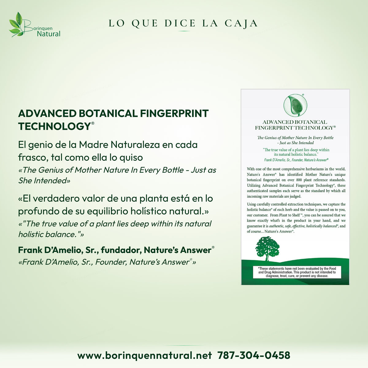 Lado de la caja del Aceite de Orégano Nature's Answer: el genio de la Madre Naturaleza en cada frasco y cita del fundador