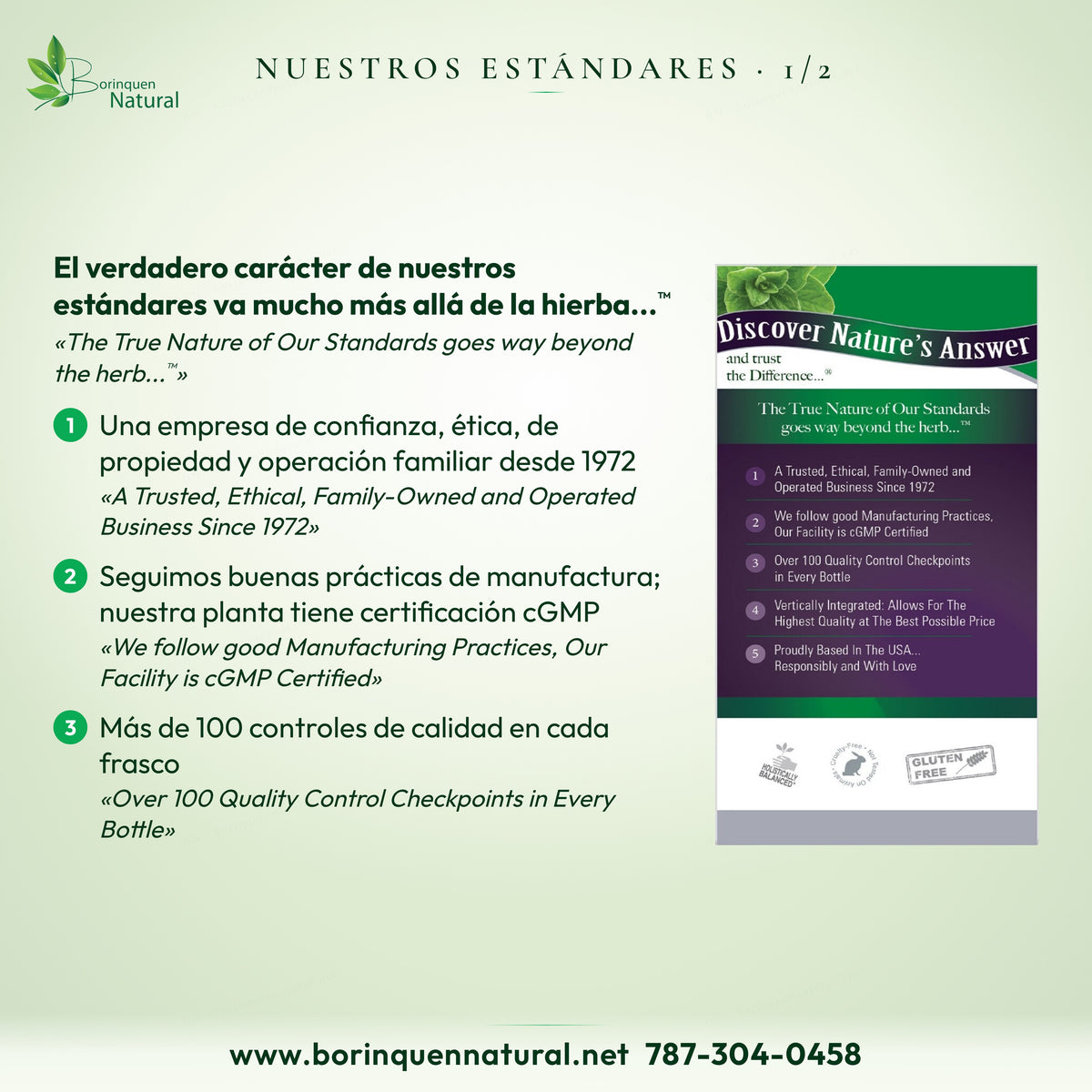 Estándares de Nature's Answer en la caja: empresa familiar desde 1972, planta cGMP y más de 100 controles de calidad