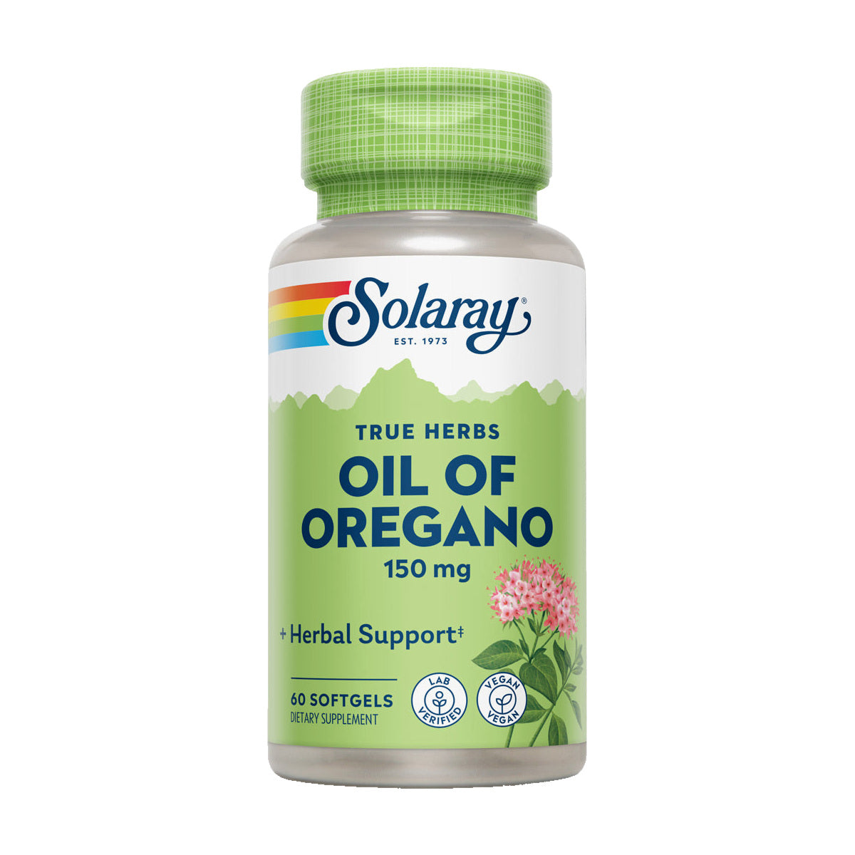 Frasco de Aceite de Orégano Solaray, 150 mg, 60 cápsulas blandas, suplemento dietético, vista de frente