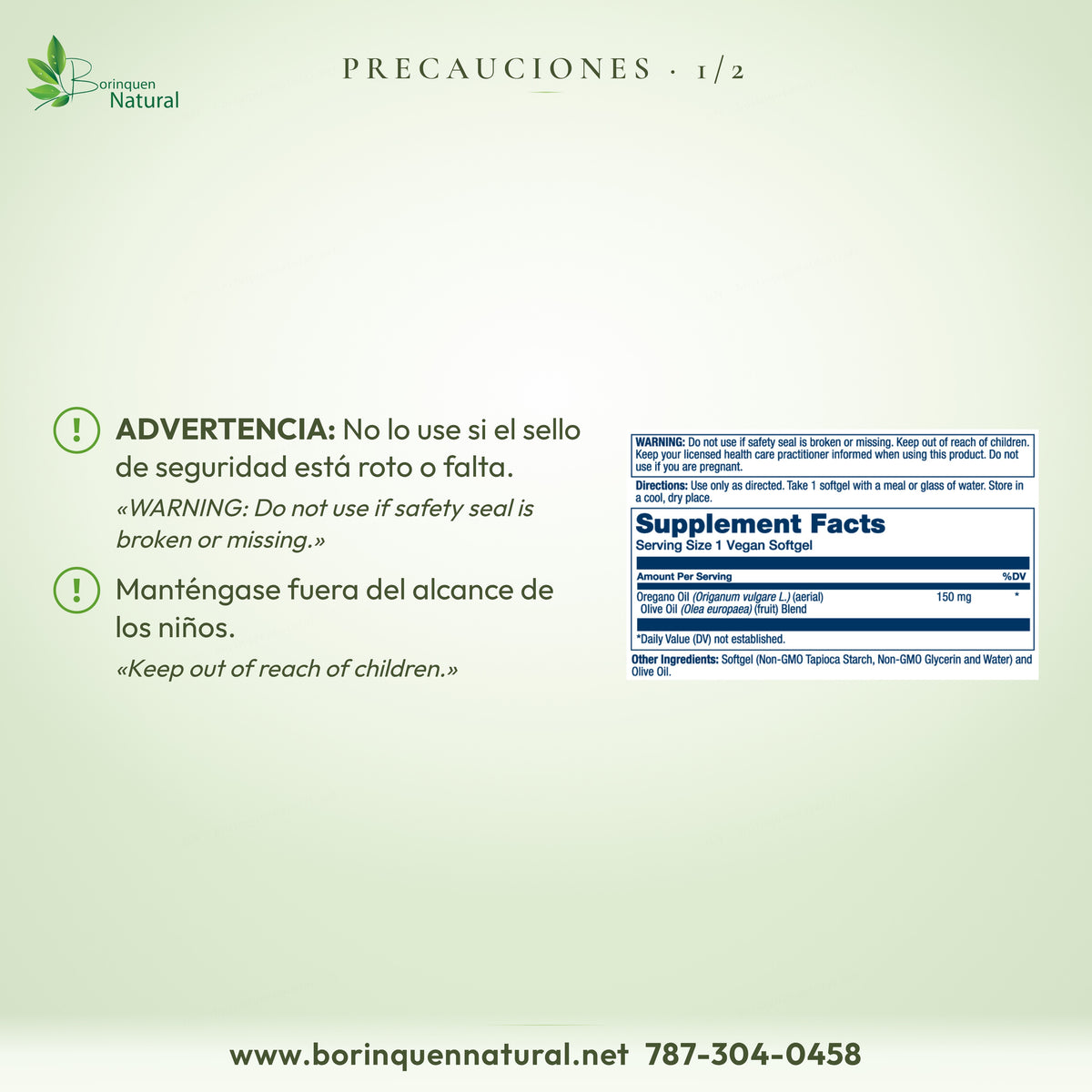 Precauciones del Aceite de Orégano Solaray: no usar si el sello falta o está roto; fuera del alcance de los niños
