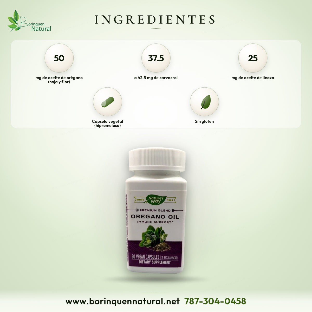 Ingredientes del aceite de orégano de Nature's Way: aceite de hoja y flor de orégano, aceite de linaza y lecitina de soya