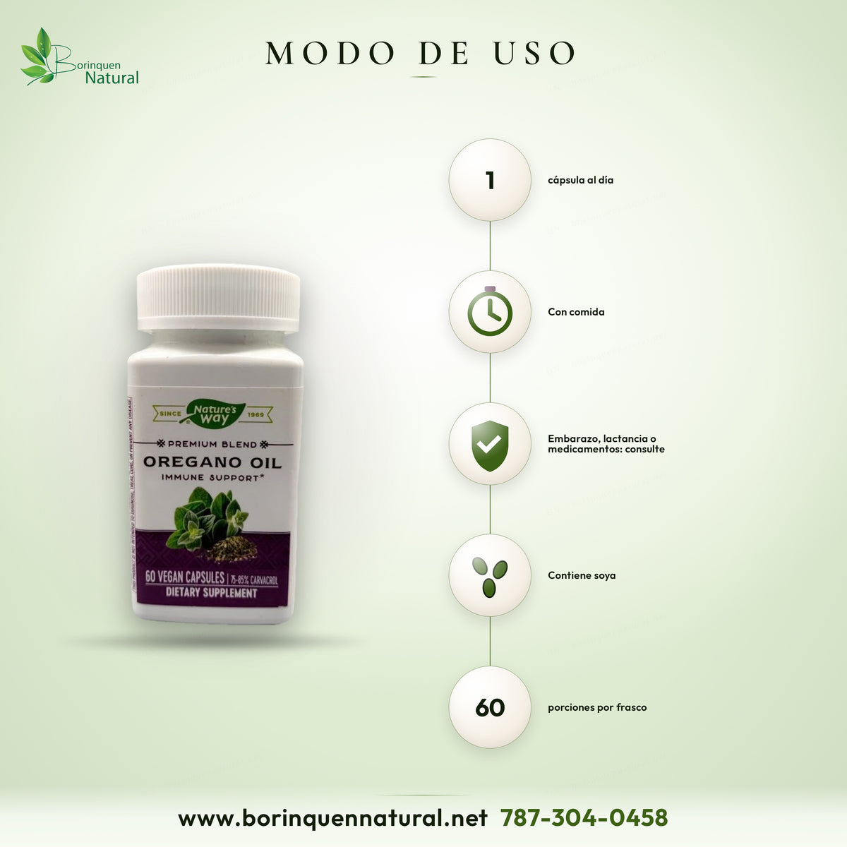 Modo de uso del aceite de orégano de Nature's Way: 1 cápsula al día con comida; embarazo o medicamentos, consulte