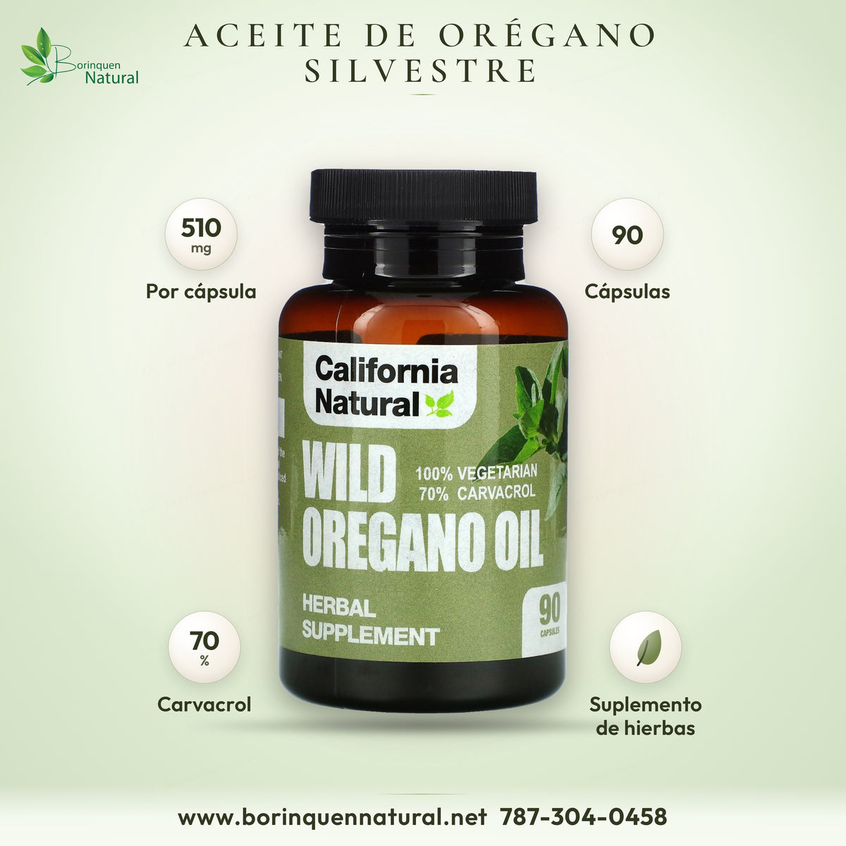 Aceite de orégano silvestre de California Natural, 510 mg por cápsula, frasco de 90 cápsulas