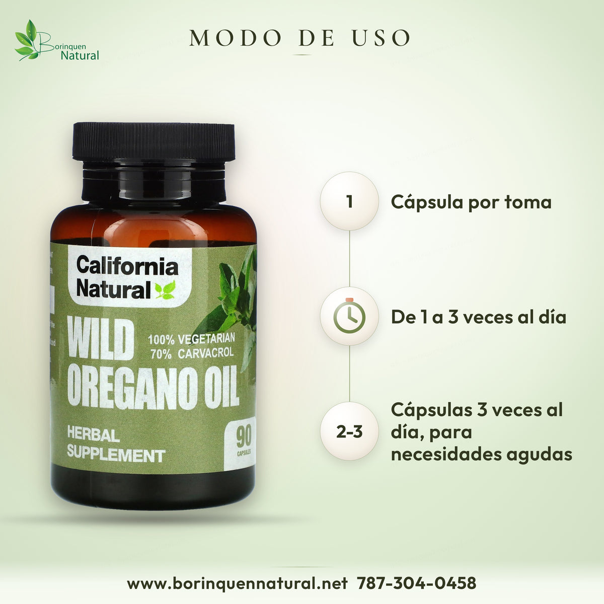 Modo de uso del aceite de orégano California Natural: 1 cápsula de 1 a 3 veces al día