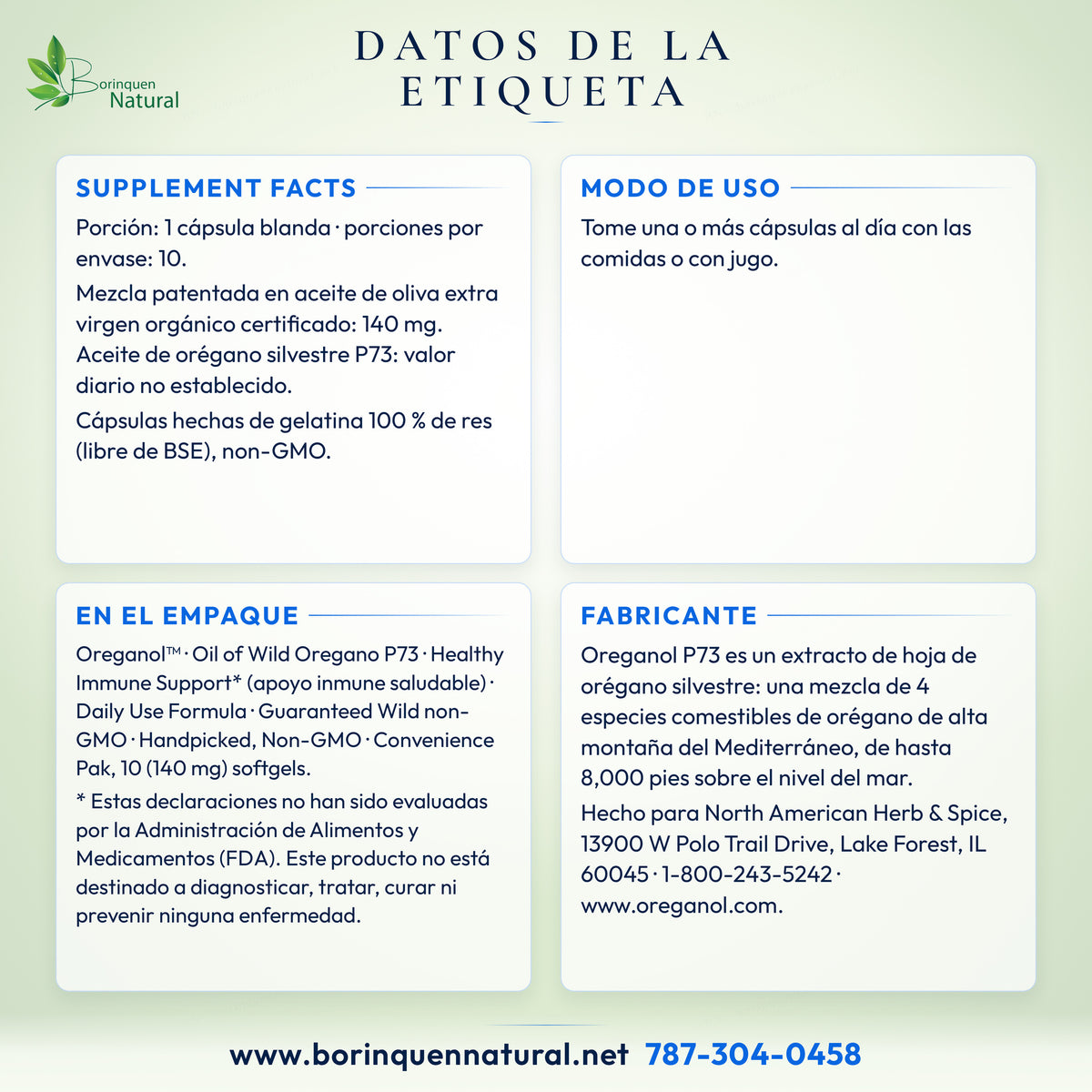 Datos de la etiqueta de Oreganol P73 en blíster: Supplement Facts, modo de uso, aviso de la FDA y fabricante
