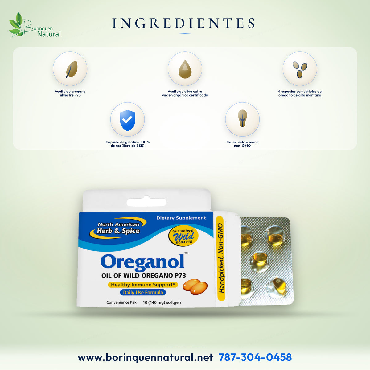 Ingredientes de Oreganol P73: aceite de orégano silvestre P73 en aceite de oliva extra virgen orgánico, cápsula de res