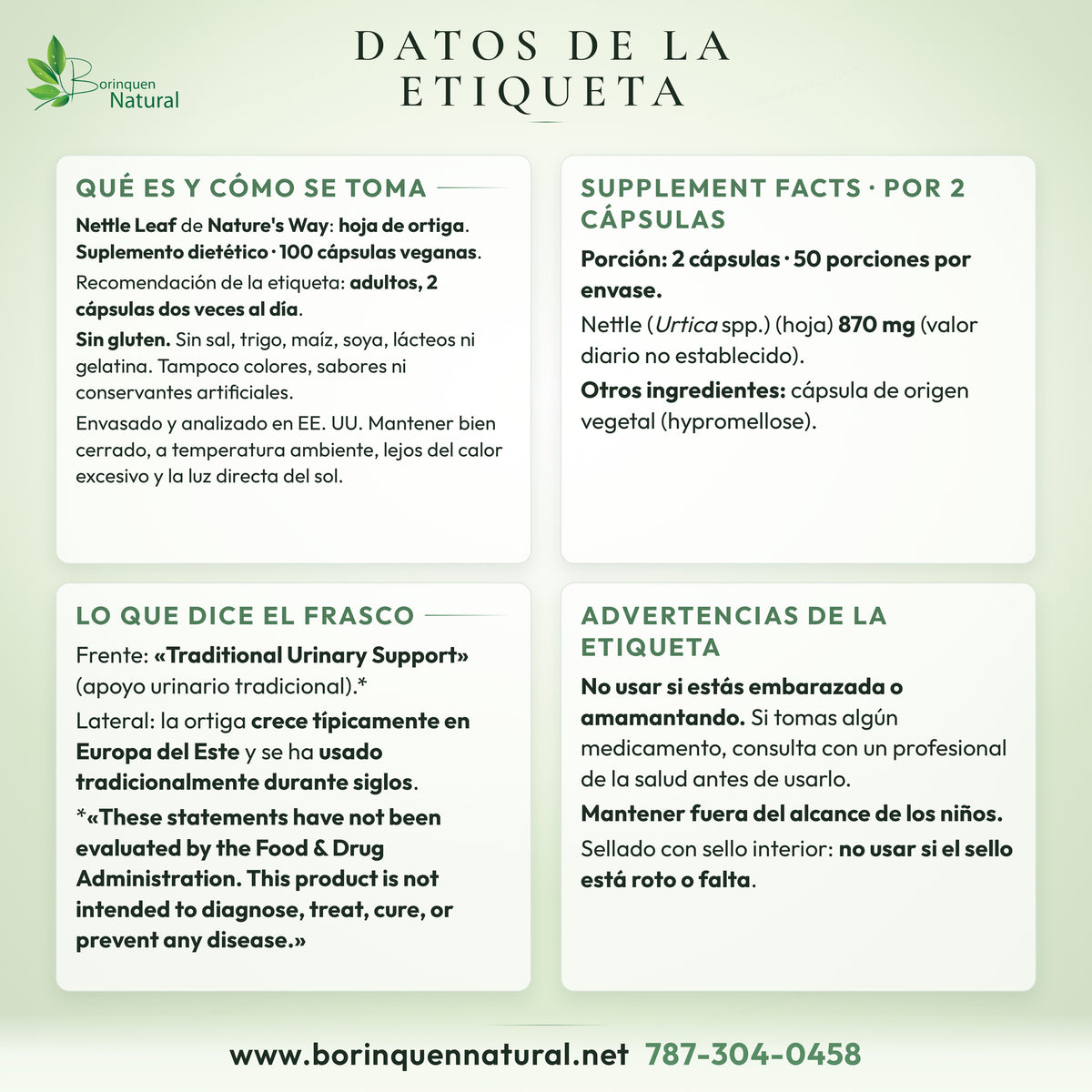 Nettle Leaf label facts: Supplement Facts 870 mg per 2 capsules, directions and warnings